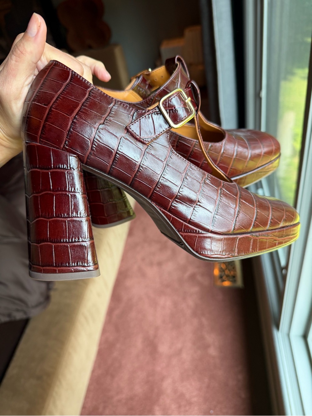 Sezane Brown Leather Croc Embossed T Bar Block Heels- Size 10US - Picture 7 of 7